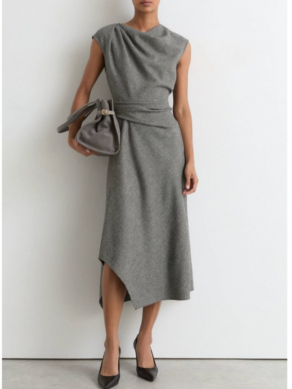 *Petite* REISS Clara Midi Dress Grey Check Wool-Blend Tailored Classic